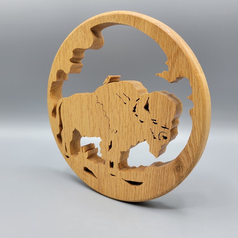 Buffalo Scene Handcrafted Wooden 3D Oak Wood Circular Wall Art Trivet Decor - Picture 6 of 10